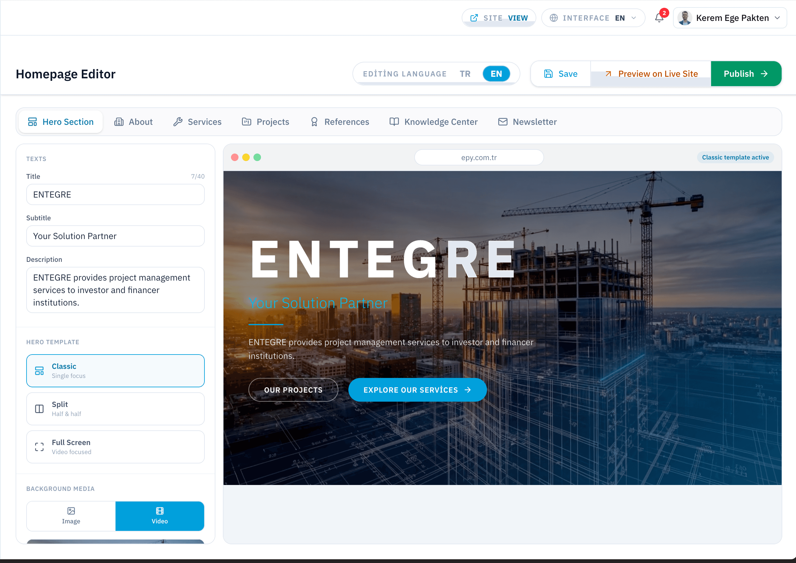 EPY admin panel dashboard